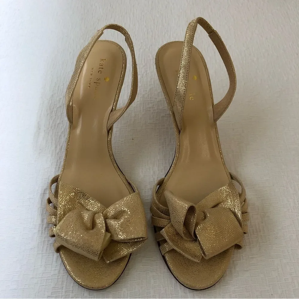 Kate Spade Maribeth Gold Metallic Bow Stiletto Slingback Pumps 7 Wedding Evening